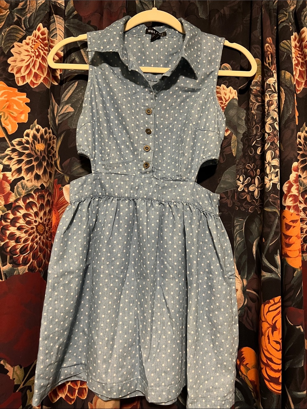 Wet Seal Light Blue Polka Dot Cutout Collar Dress